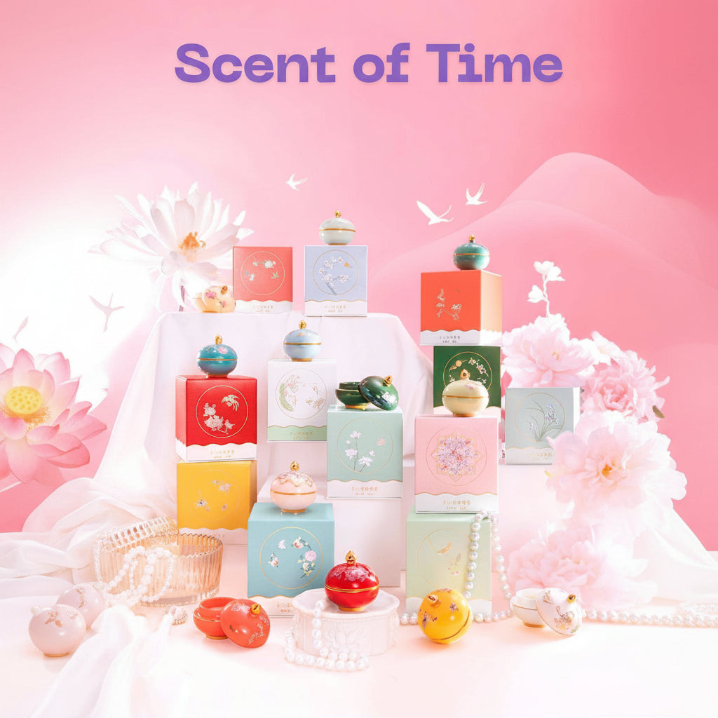 Pastel-colored cosmetic boxes with decorative elements on a pink background, featuring the brand 'Scent of Time'.