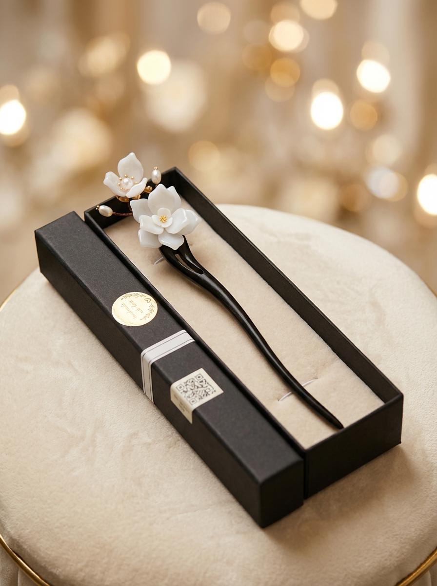 Hair sticks with white flowers in a black box on a soft surface with a blurred background