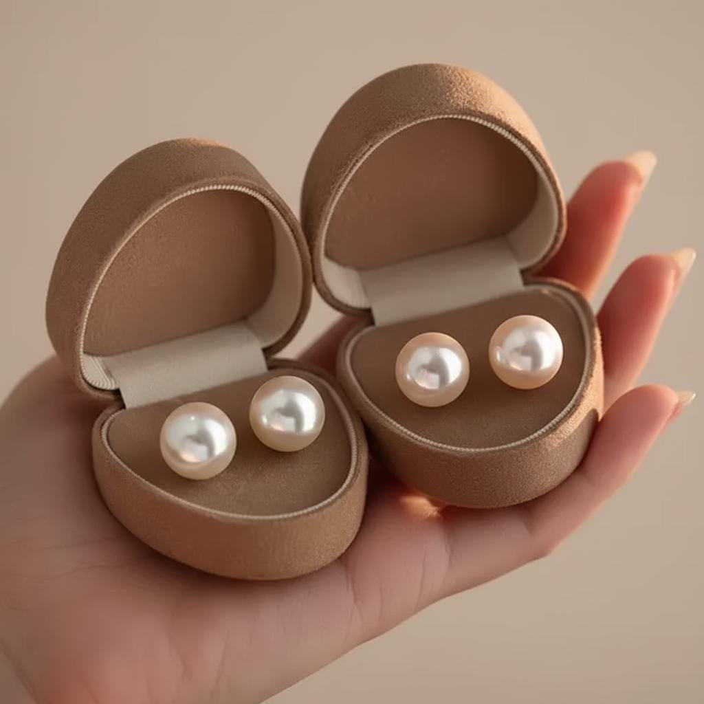 Pearl earrings in a brown jewelry box held in a hand against a beige background