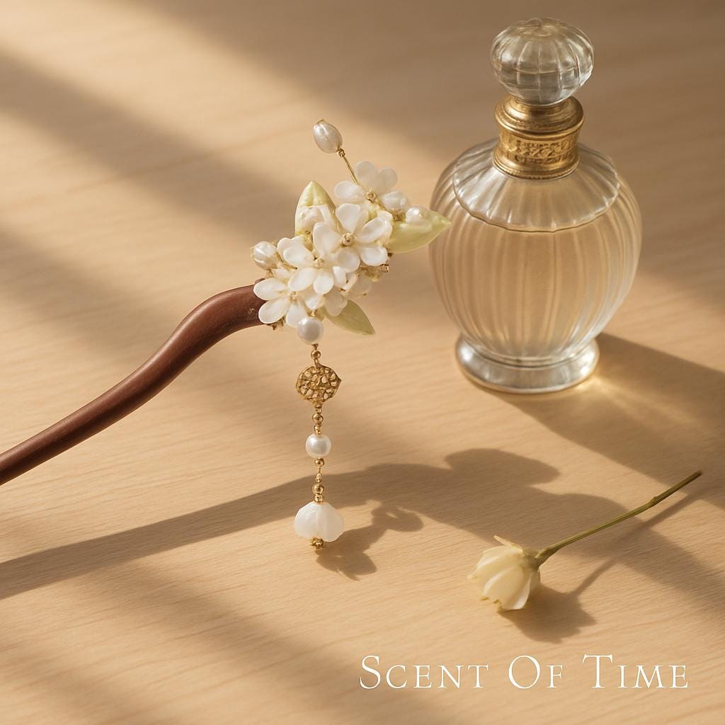 Perfume bottle with floral hair pin and flower on a beige background, 'Scent of Time' text visible.