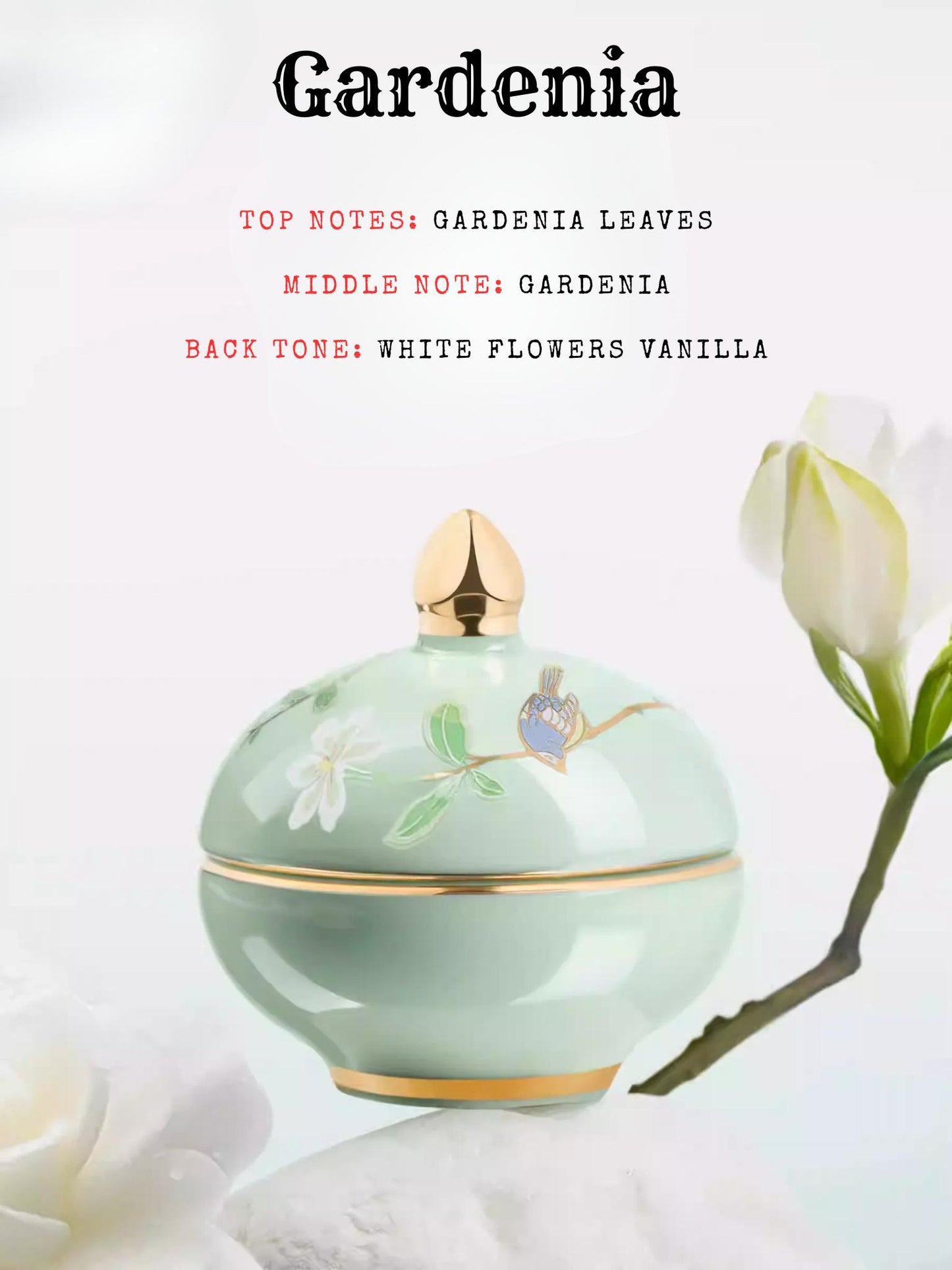 Perfume bottle with gardenia scent on a white background