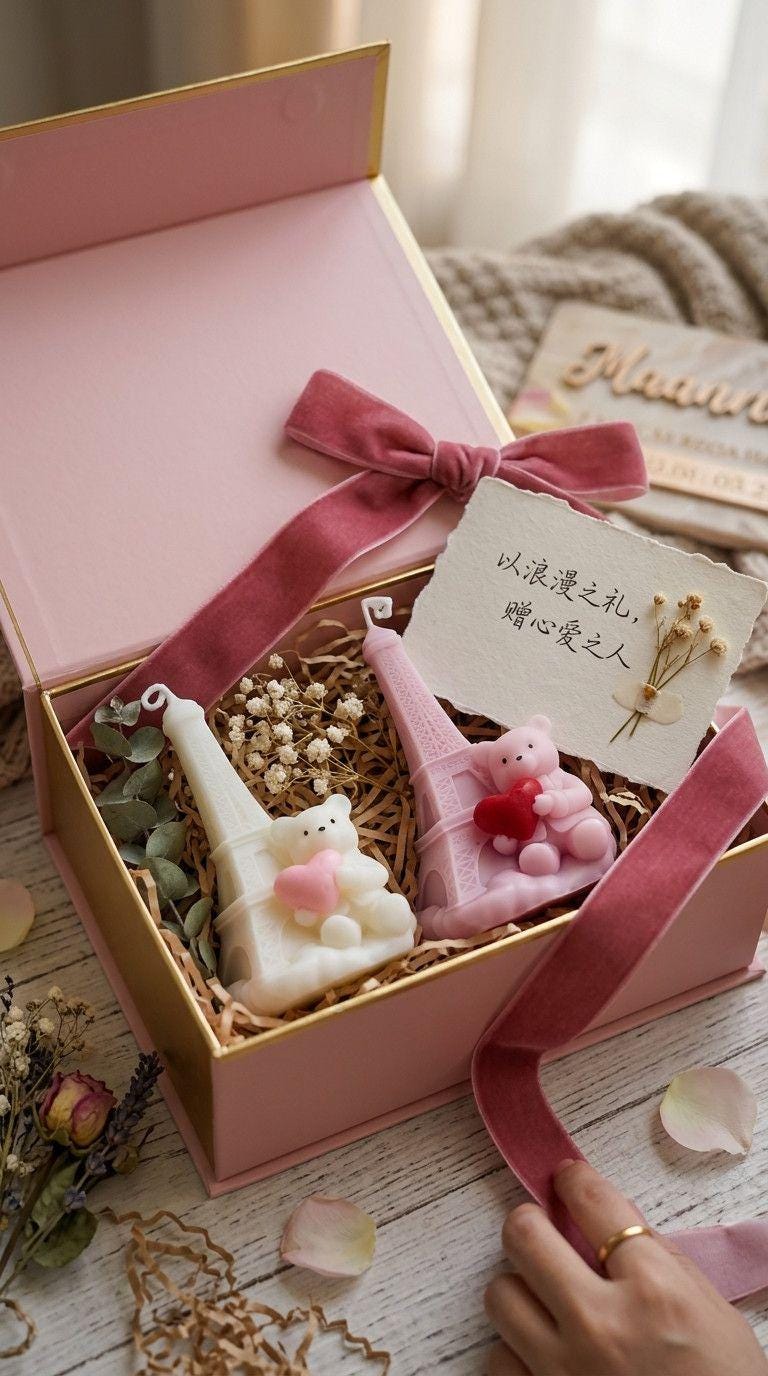 Gift box with decorative items and a card on a wooden surface