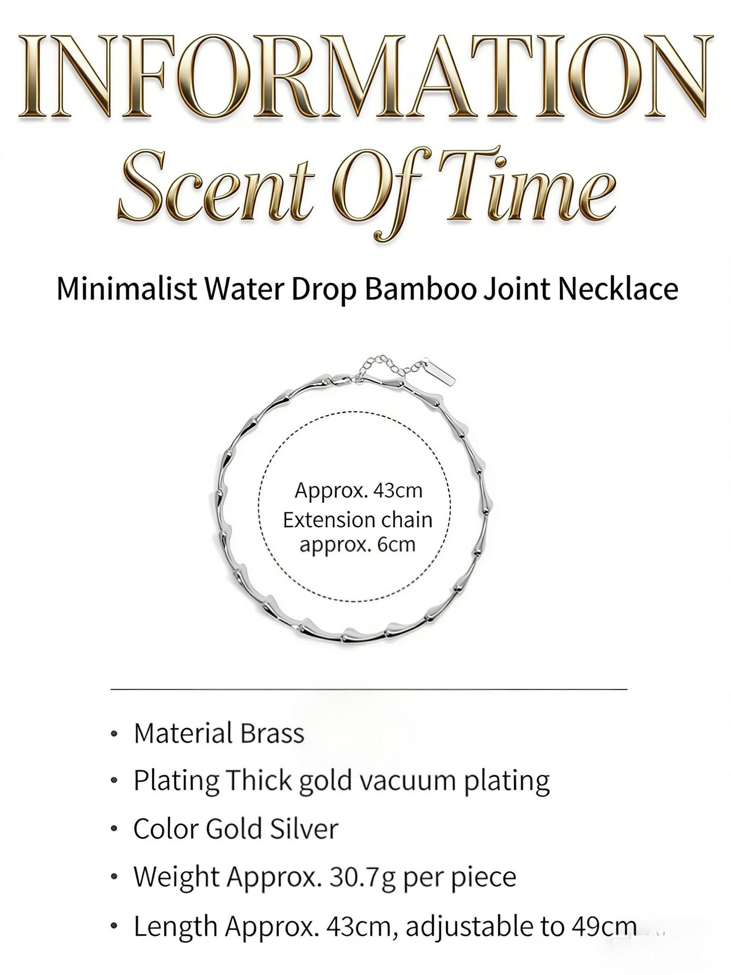 Product information card for 'Scent Of Time' minimalist water drop bamboo joint necklace on a white background.
