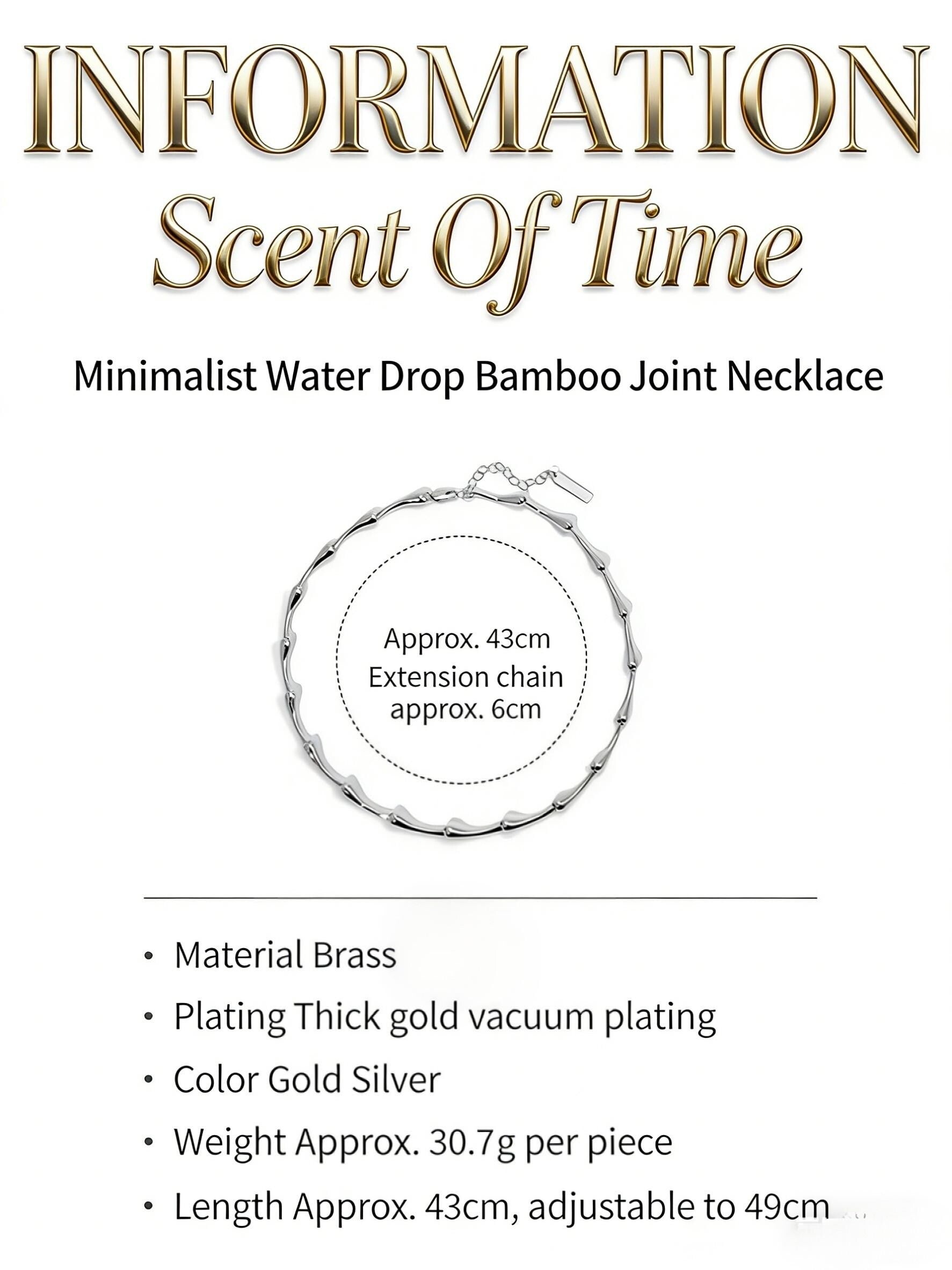 Product information card for 'Scent Of Time' minimalist water drop bamboo joint necklace on a white background.