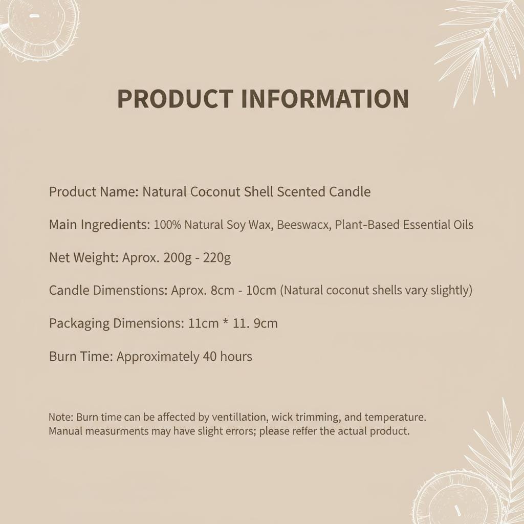 Product information for a natural coconut shell scented candle on a beige background with decorative elements.