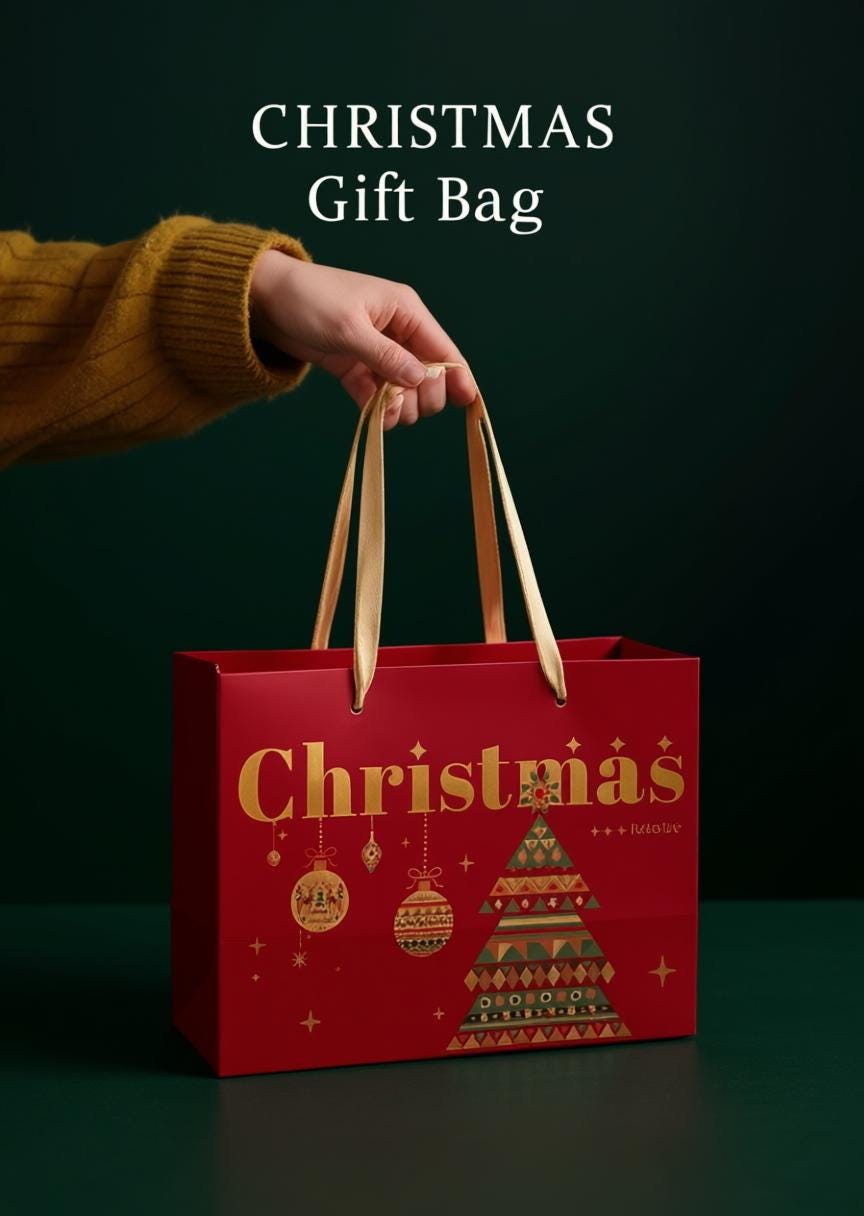 Red Christmas gift bag with festive design held by a hand against a dark background