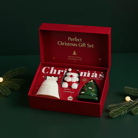 Red gift box with Christmas-themed candles on a dark green background