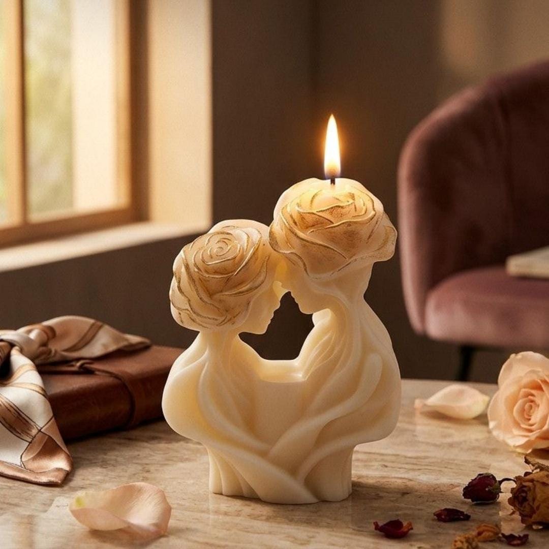 Candle shaped like two faces embracing with a lit candle, surrounded by flowers on a wooden surface.