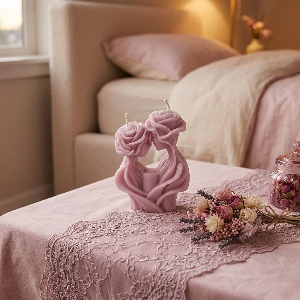 Decorative pink candle on a table with flowers and a blurred background