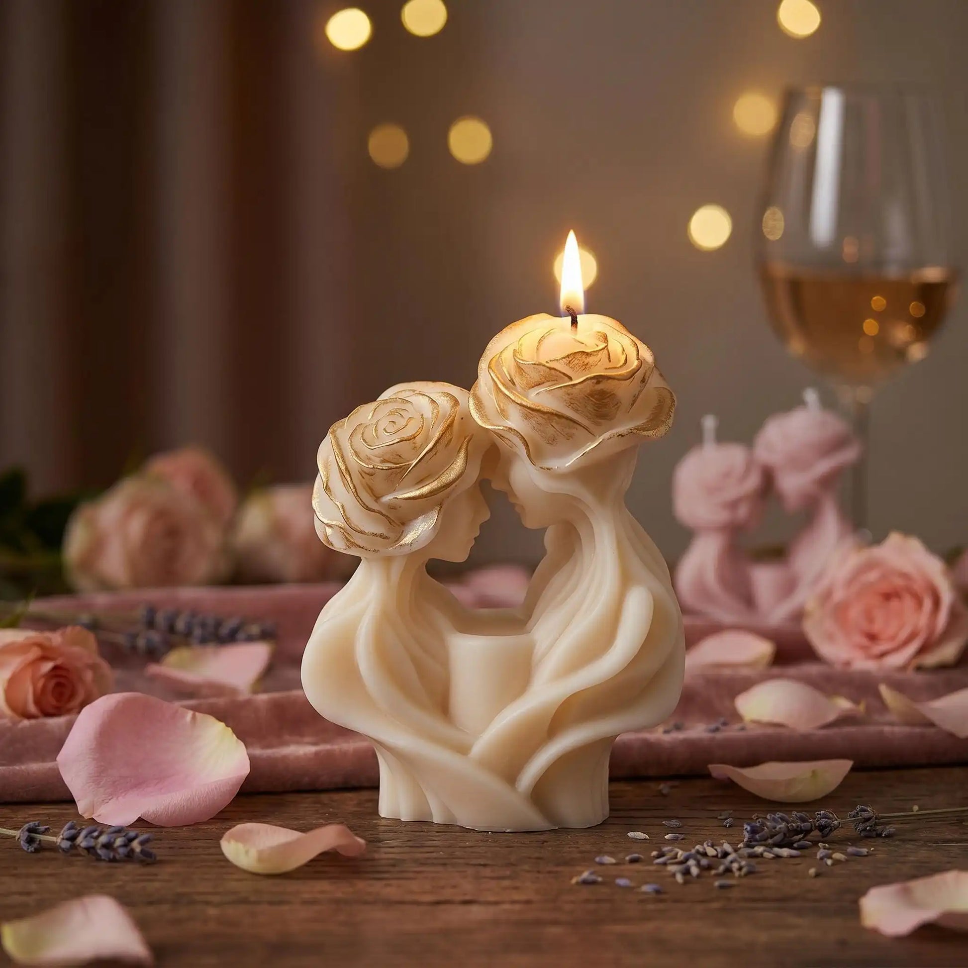 Decorative candle shaped like a couple with a glass of wine and flowers in the background.