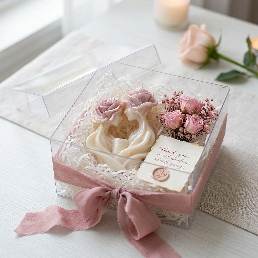 Transparent box with pink roses and a card on a light surface