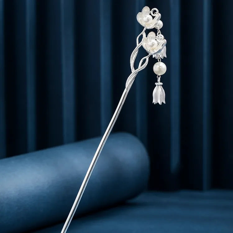 S925 sterling silver lily of the valley hairpin with freshwater pearls