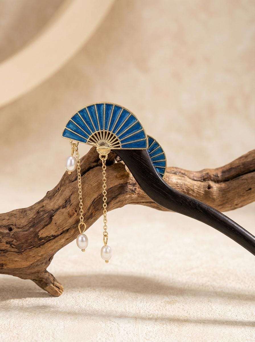Sandalwood Hair Stick with Blue Enamel Fan and Freshwater Pearl Dangle for Hanfu.