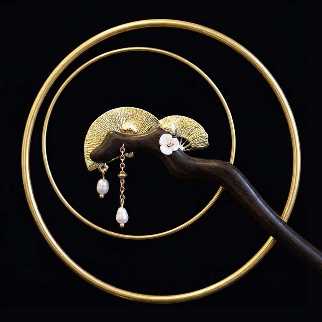 Gold hairpin with fan design and pearl decorations on a black background