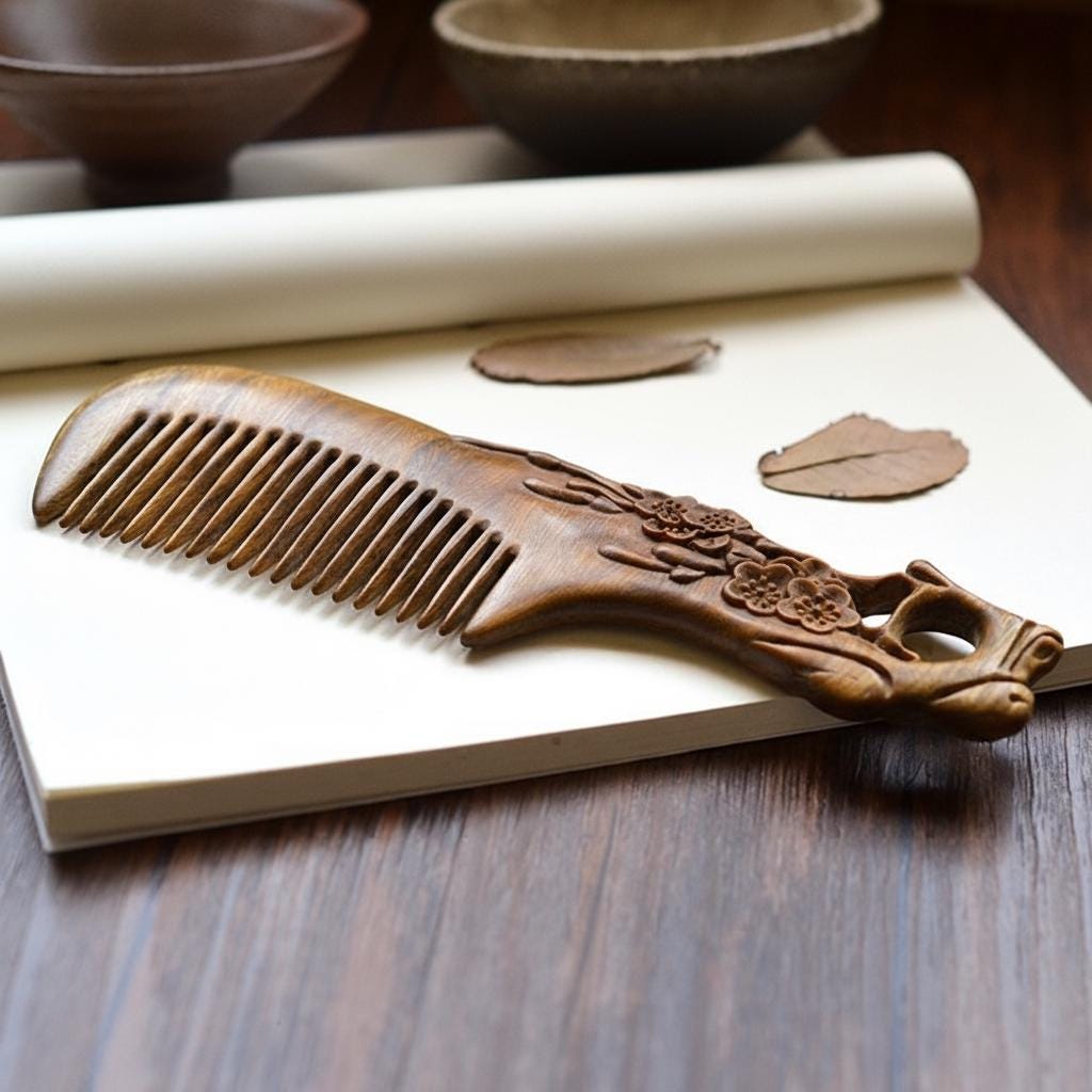 Wooden comb with floral design on a wooden surface