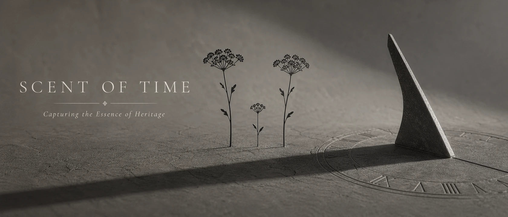 Scent of Time brand banner featuring a minimalist stone sundial and elegant botanical silhouettes under dramatic lighting, with the tagline 'Capturing the Essence of Heritage