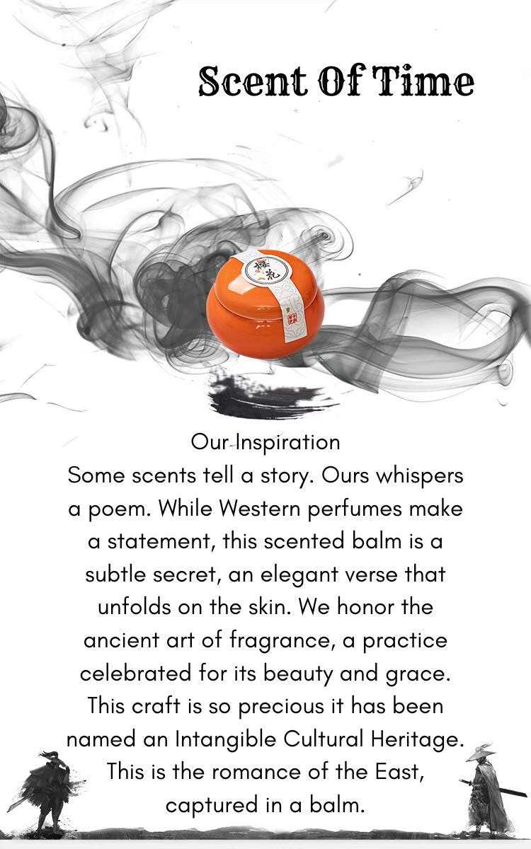 Scented balm with smoke effect and text about its cultural heritage