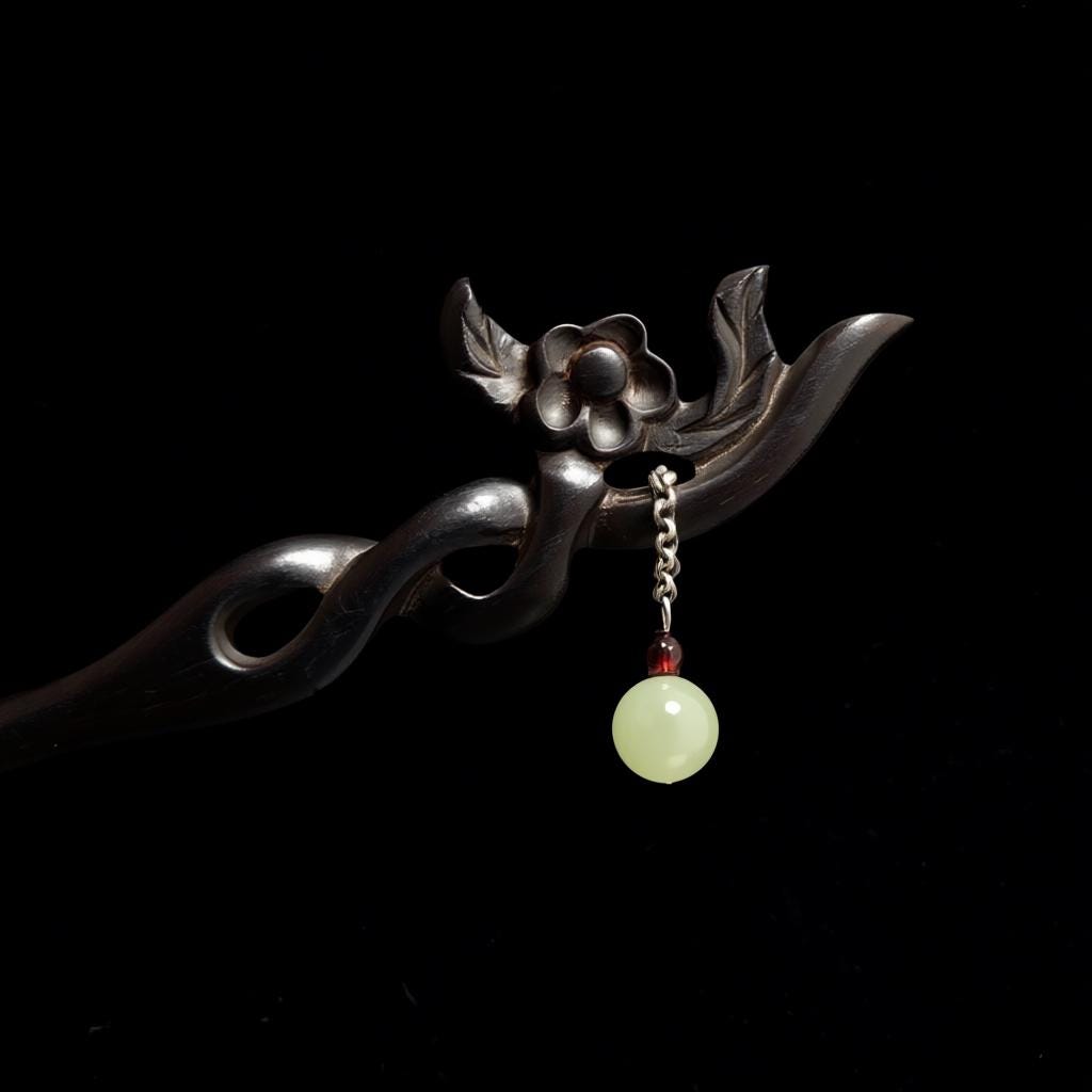Silver hairpin with floral design and green bead on a black background