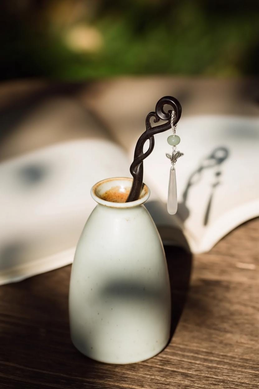 Small white ceramic vase with a decorative black and white pendant on a wooden surface.