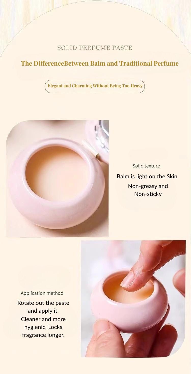 Solid perfume paste with application instructions on a beige background