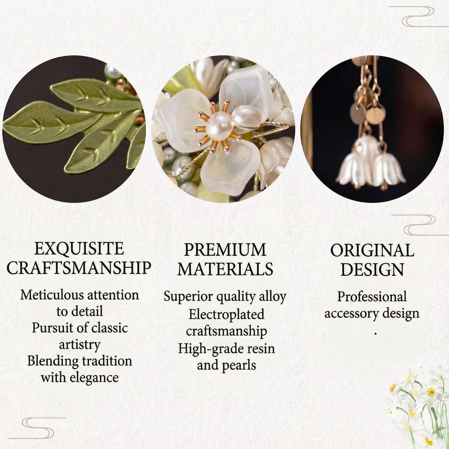 Three circular images showcasing jewelry with text describing craftsmanship, materials, and design.
