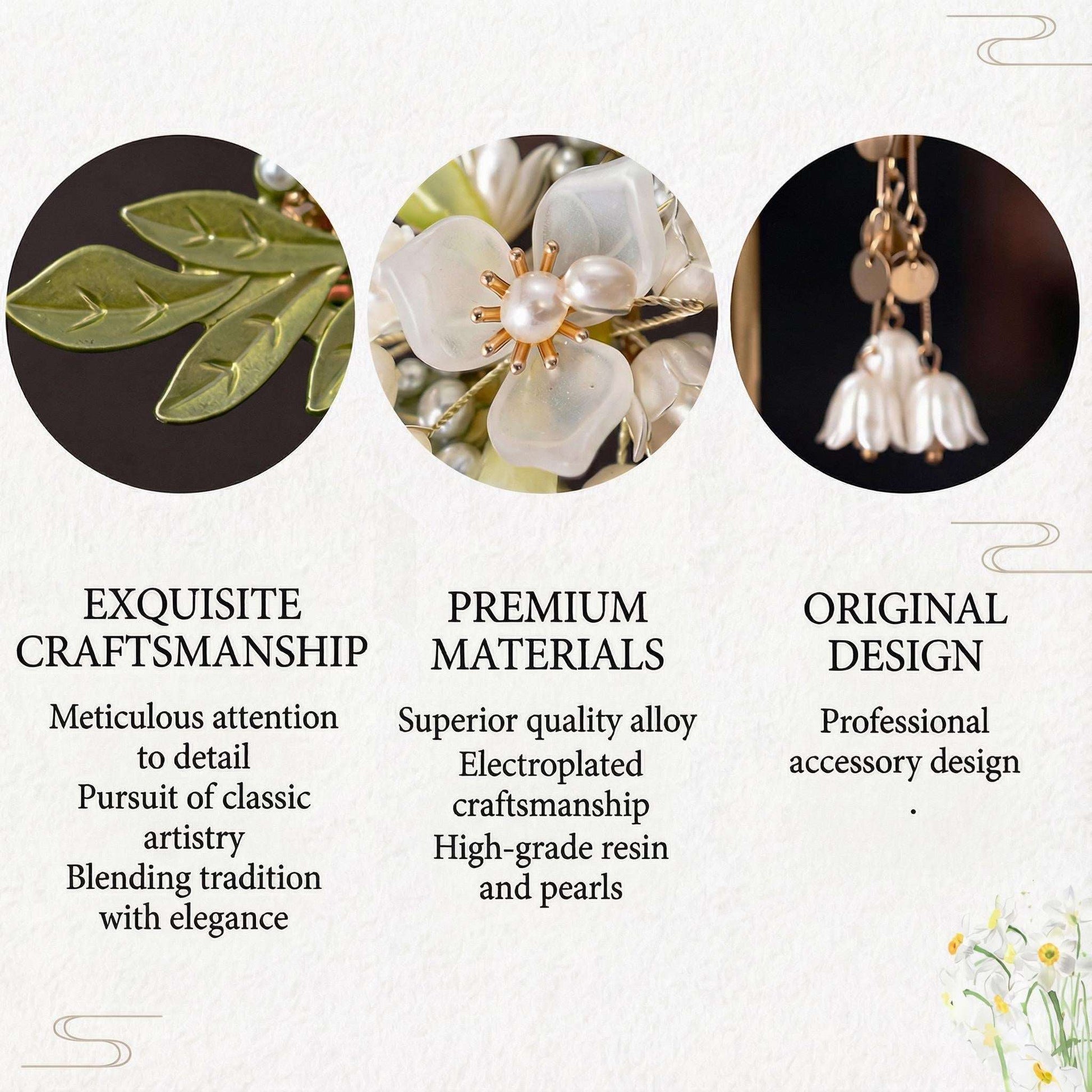 Three circular images showcasing jewelry with text describing craftsmanship, materials, and design.