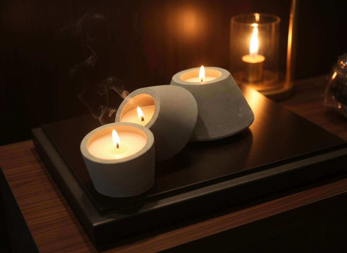 Three white candles in stone holders on a dark surface with a warm glow.