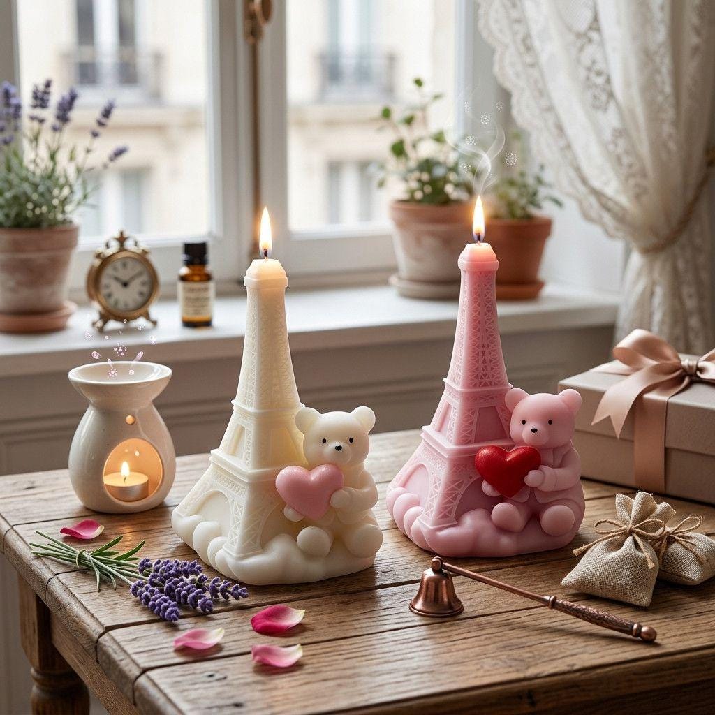 Decorative candles shaped like the Eiffel Tower and a pink bear with a heart, placed on a wooden surface.