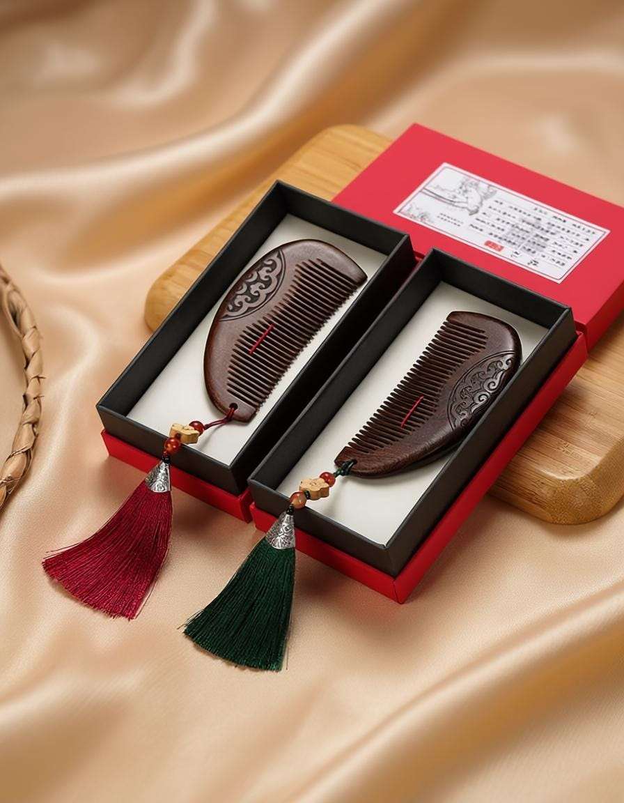 Two decorative combs with tassels in a red box on a beige fabric background