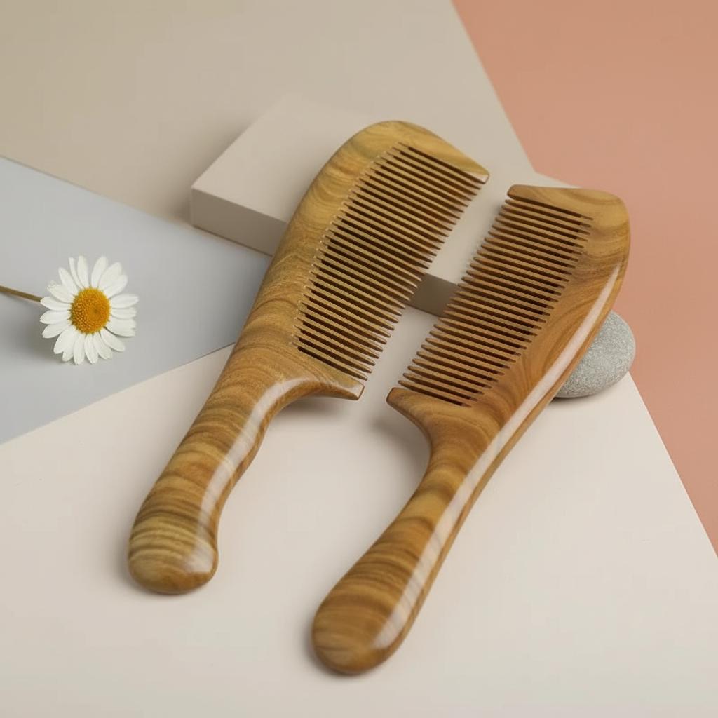 Two wooden combs on a neutral background with a small flower.