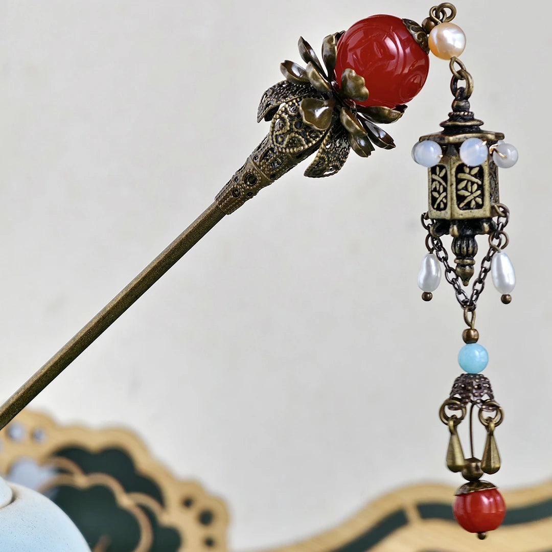 Vintage Chinese brass lantern hairpin with carved quartz and pearl pendant