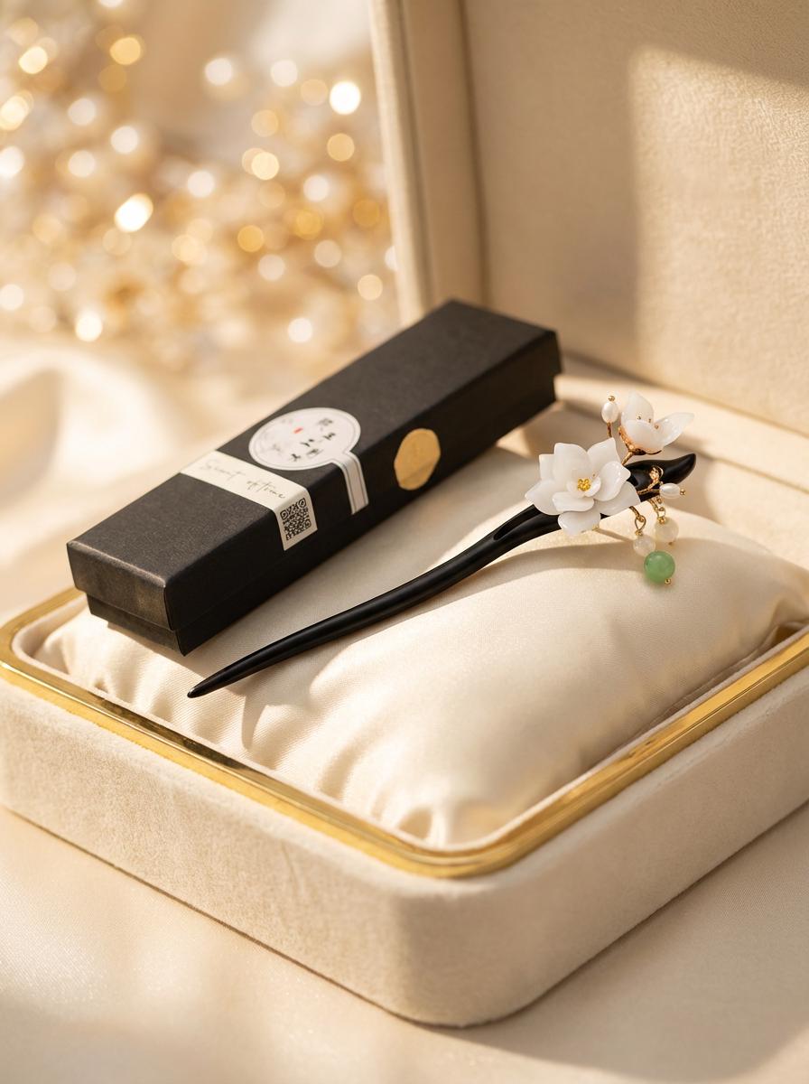 Black hairpin with white flowers in a decorative box on a soft background
