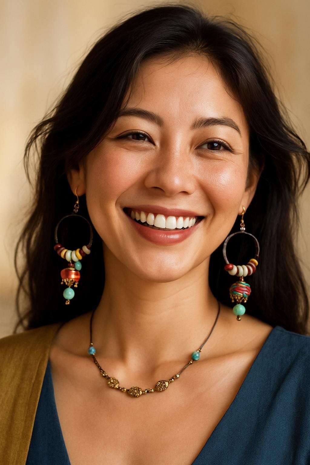 Woman wearing colorful earrings and a necklace, smiling against a neutral background
