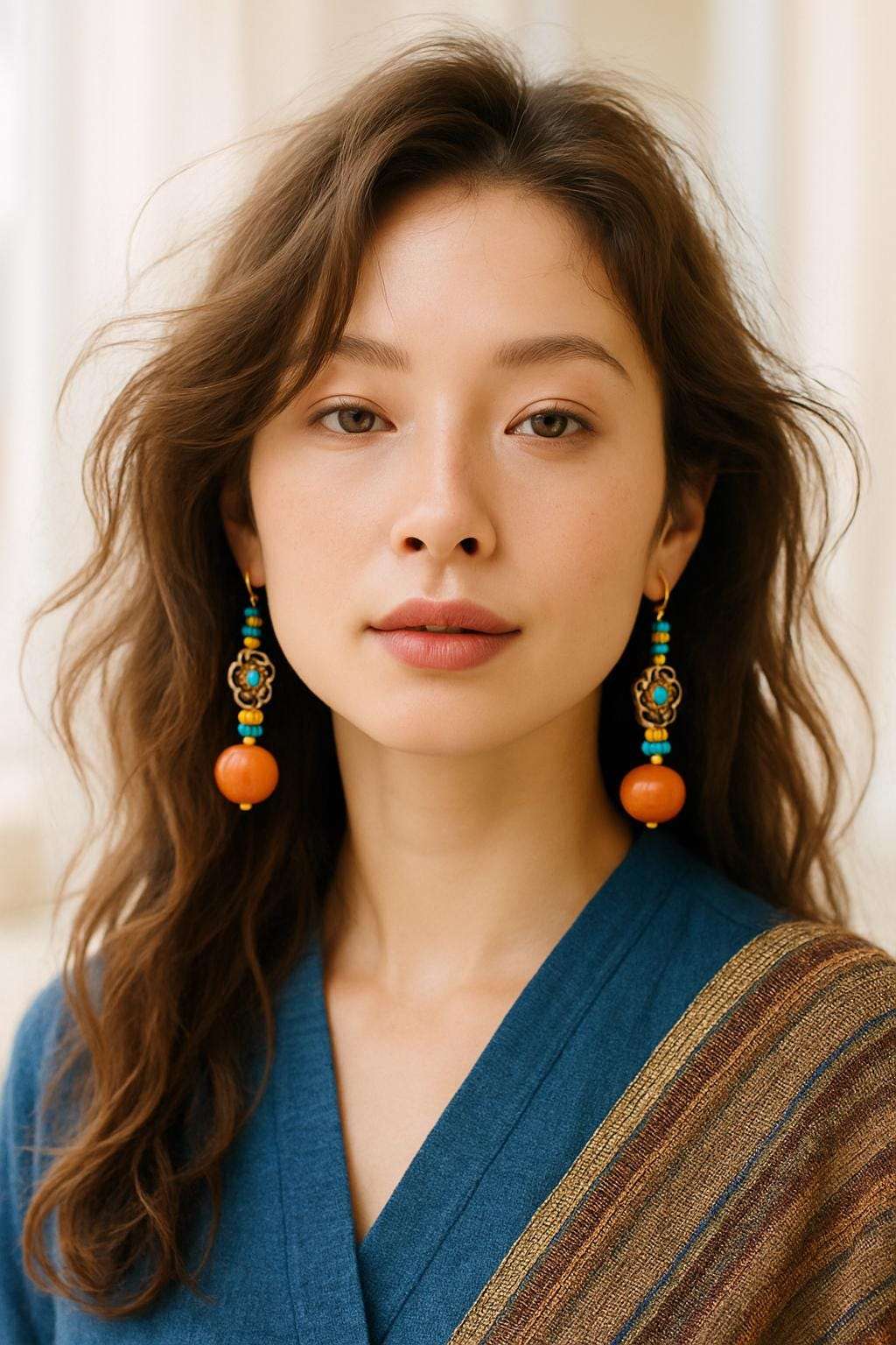 Woman wearing colorful earrings with a neutral background