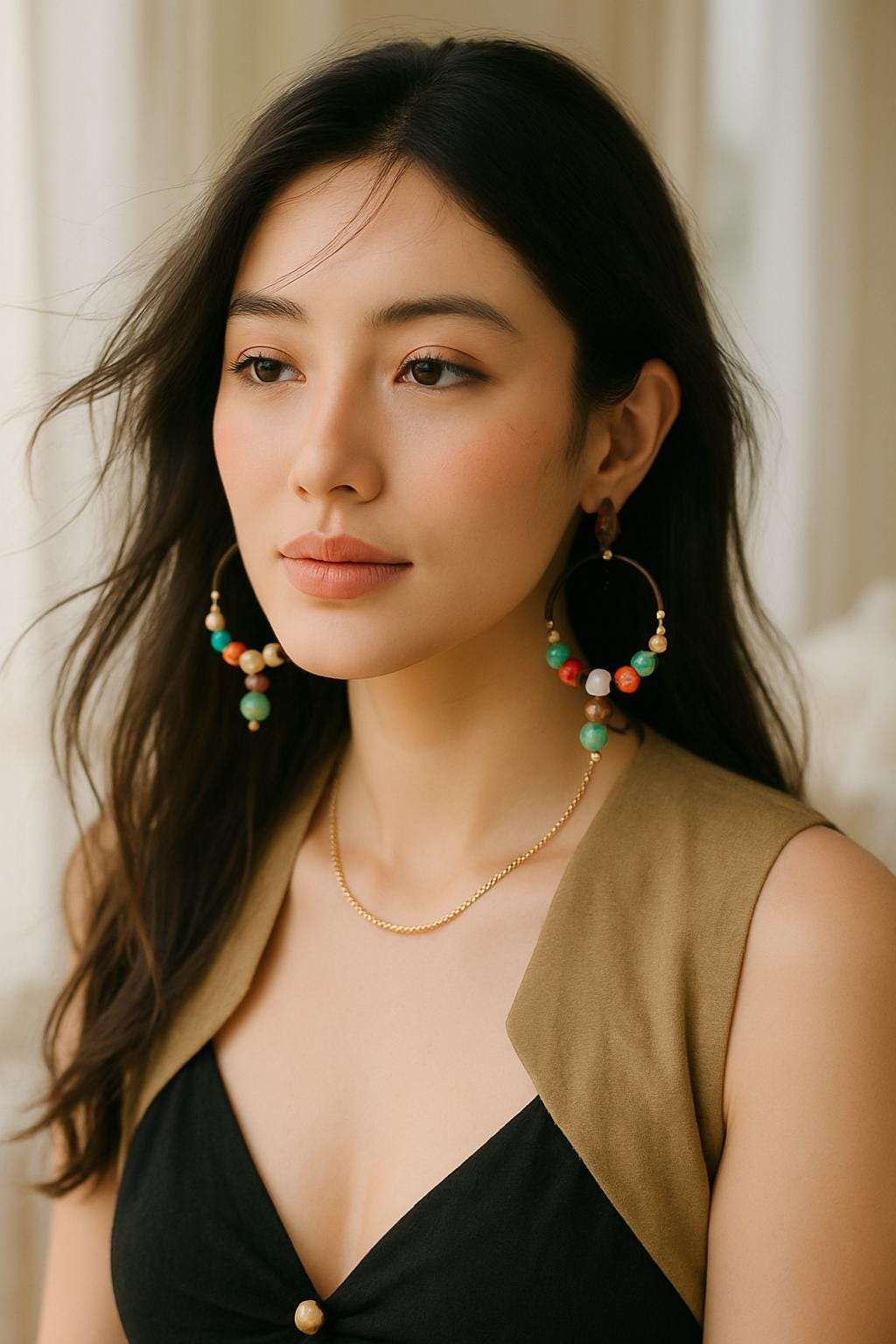 Woman wearing earrings and a necklace with a neutral background