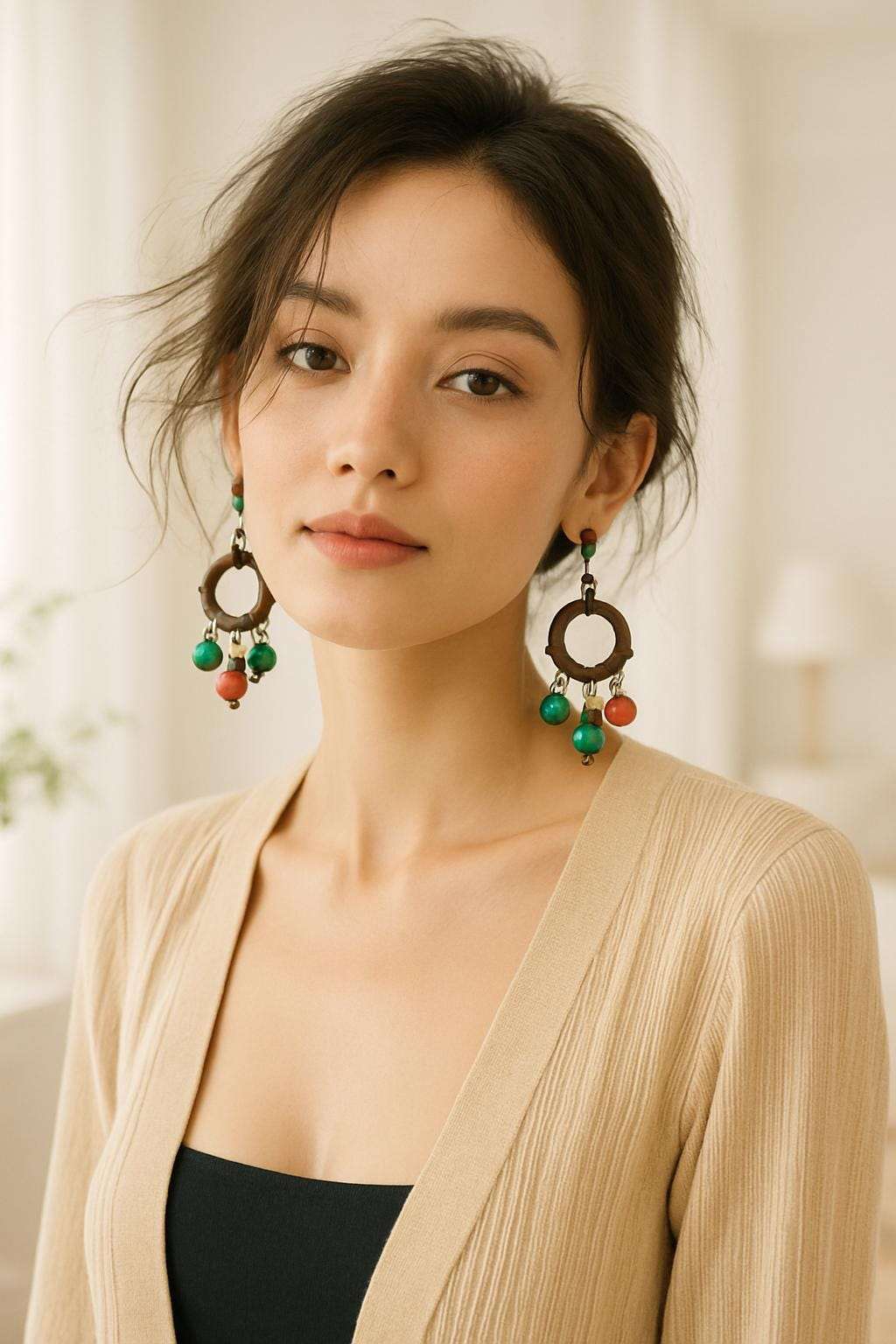 Woman wearing large earrings with a neutral background