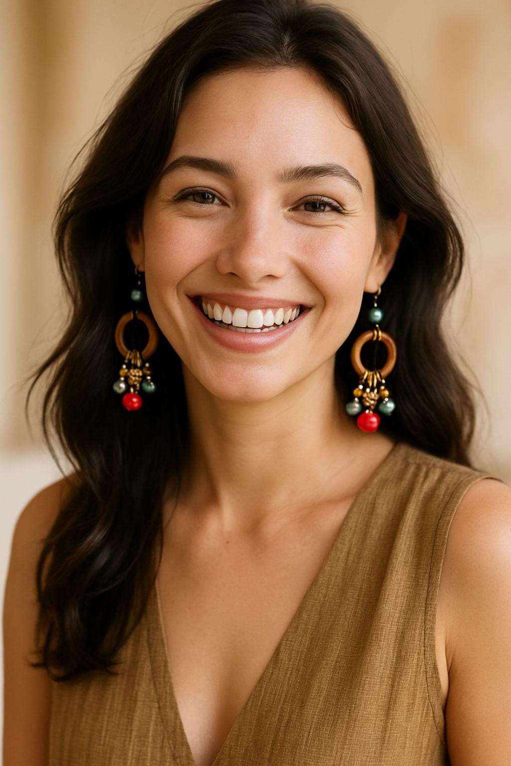Woman wearing large hoop earrings with colorful beads against a beige background