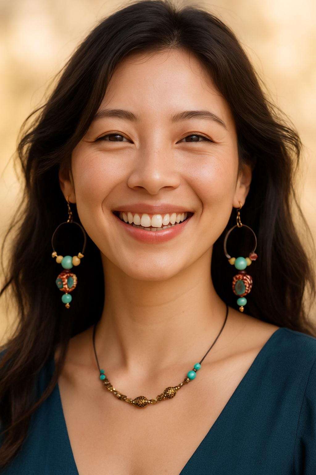 Woman wearing turquoise jewelry against a warm-toned background