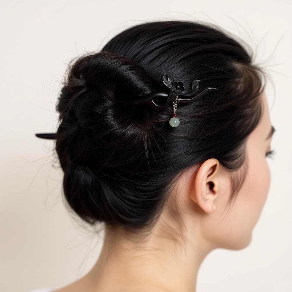 Woman with black hair styled in an updo with a decorative hairpin against a neutral background