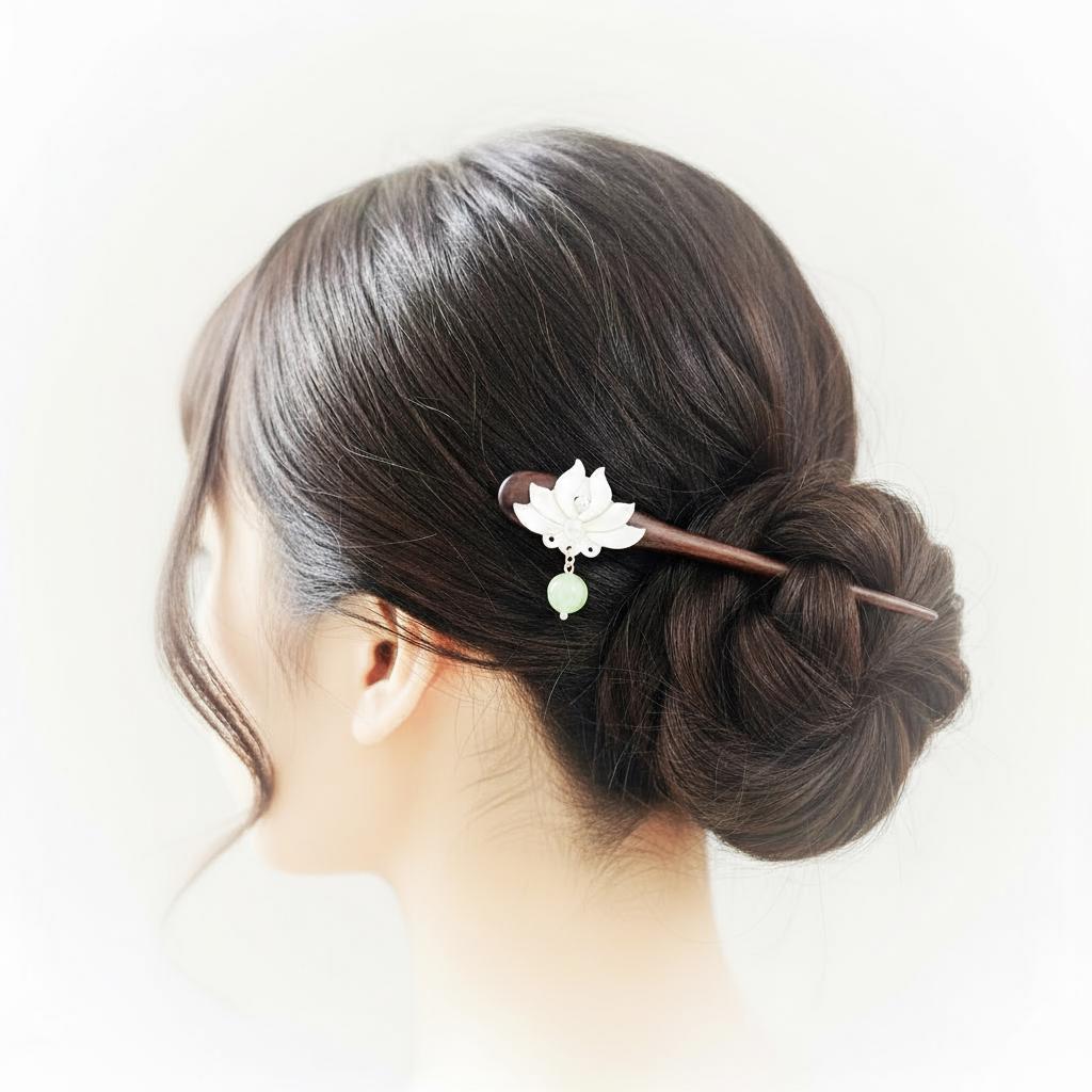 Woman with hair styled in an updo using a decorative hairpin on a white background