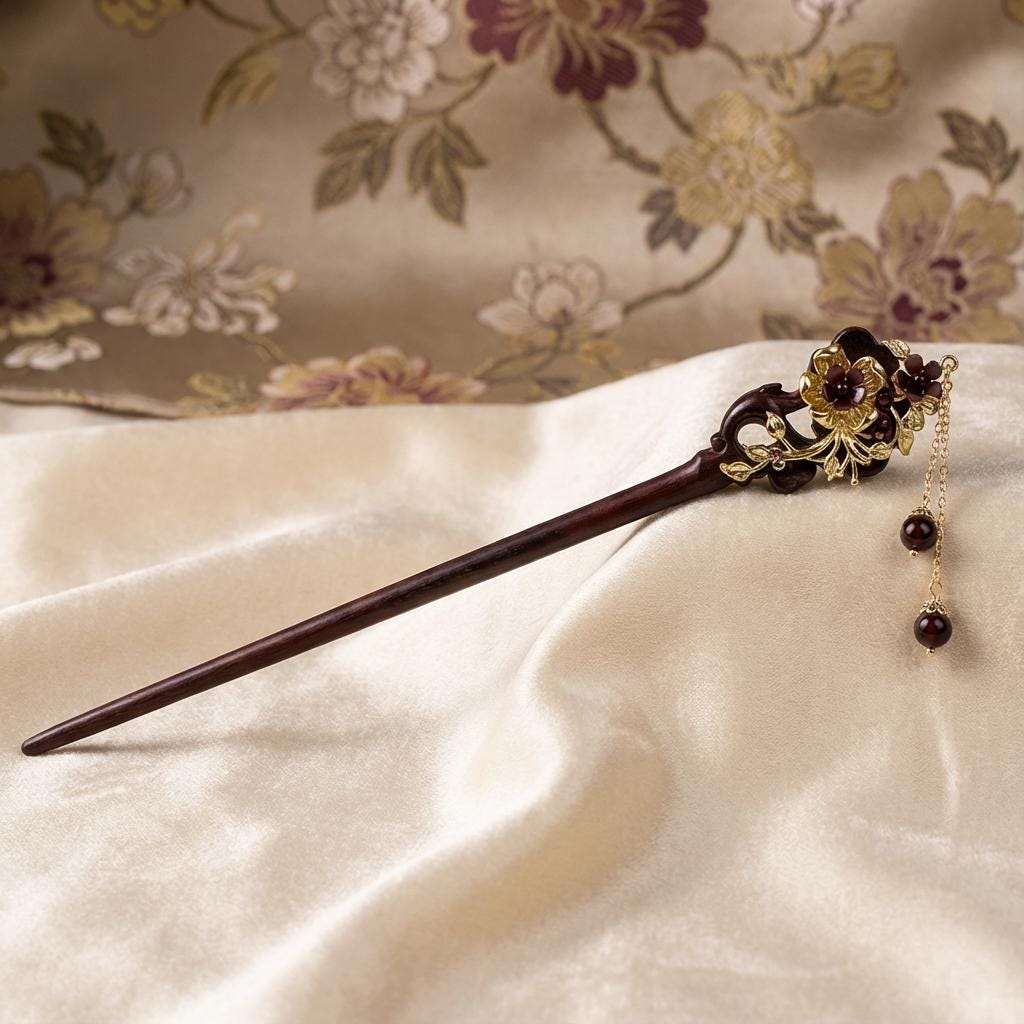 Wooden Hair Pin with Burgundy Garnet Flowers and Gold Accents for Wedding Updo