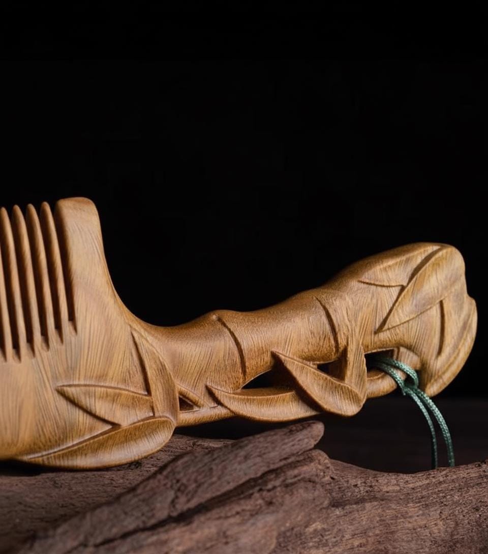 Wooden comb and hairbrush set on a dark background