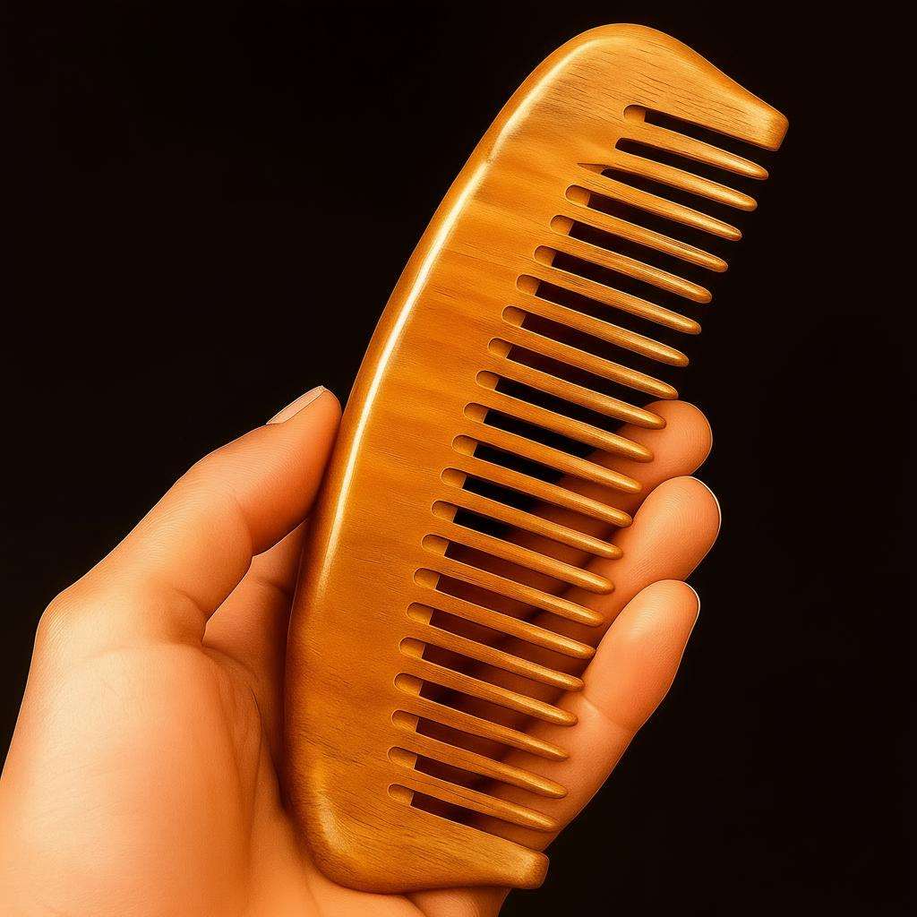Wooden comb held in a hand against a black background