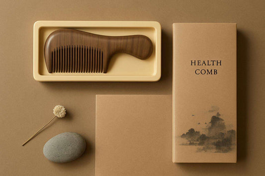 Wooden comb in a beige tray with a stone, plant, and book on a brown background