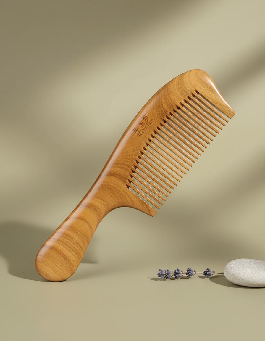 Wooden comb on a beige background with lavender and a stone.