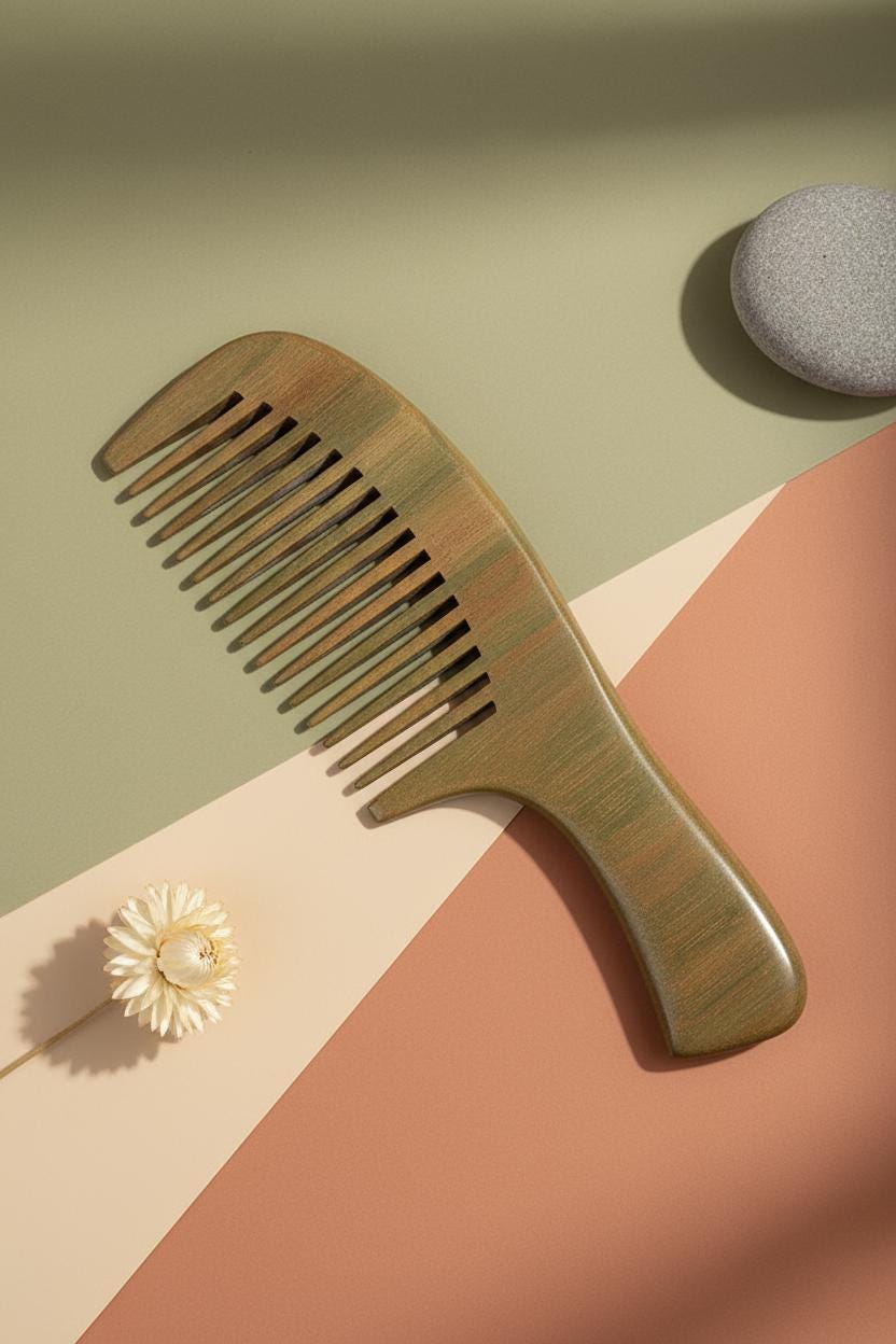 Wooden comb on a geometric background with a flower and stone