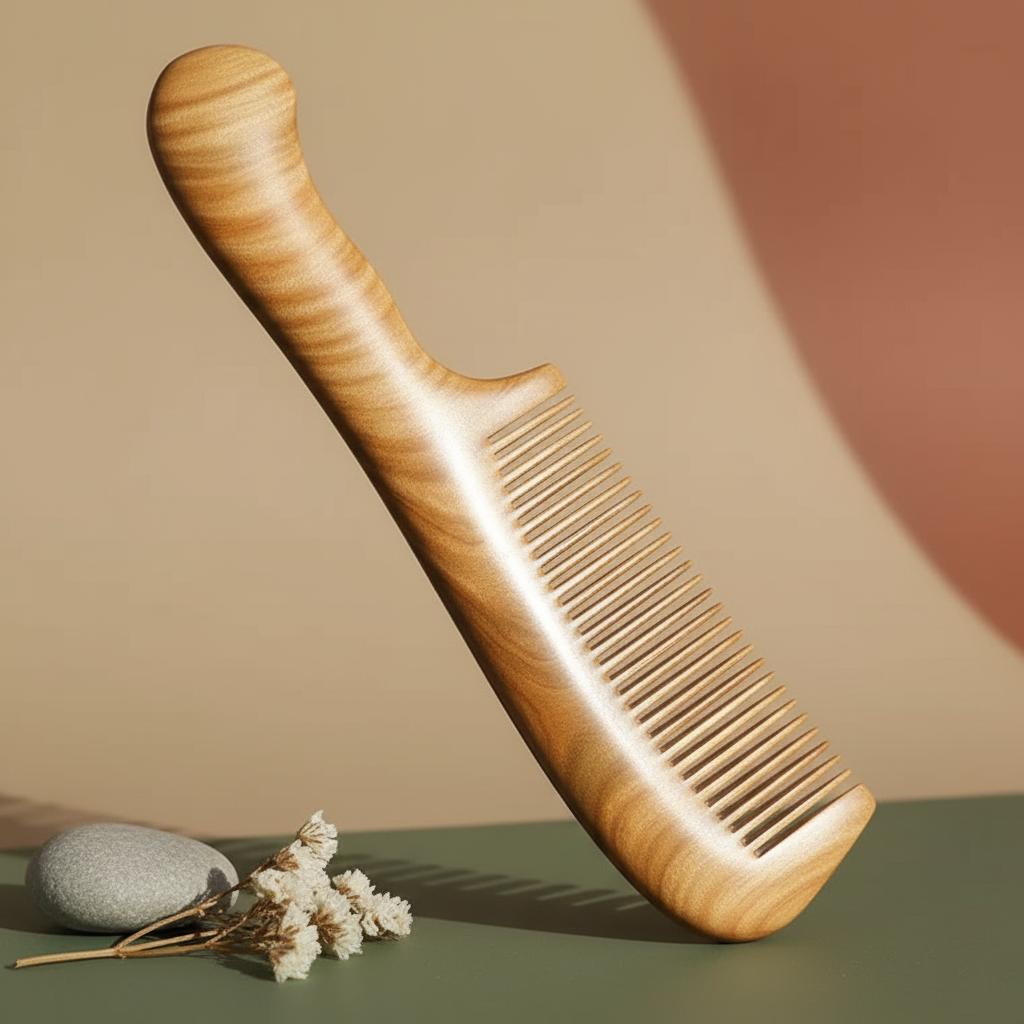 Wooden comb on a green surface with a neutral background