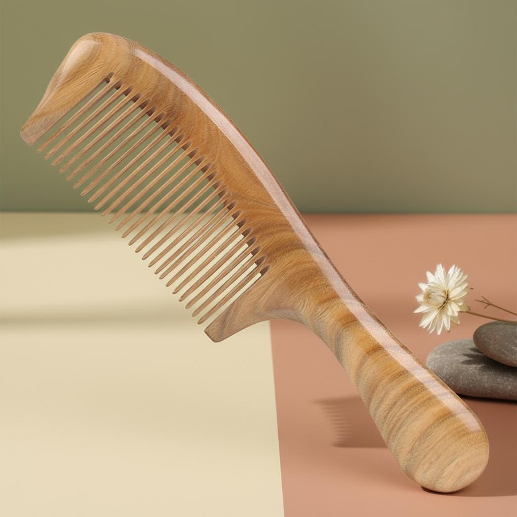 Wooden comb on a neutral background with stones and a flower
