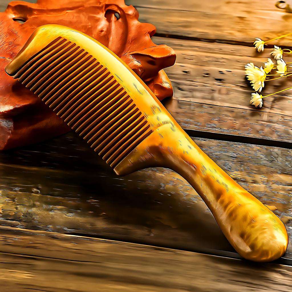 Wooden comb on a wooden surface with a rustic background