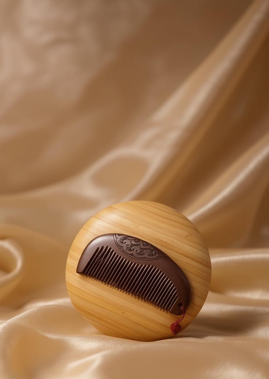 Wooden comb with decorative handle on a beige fabric background
